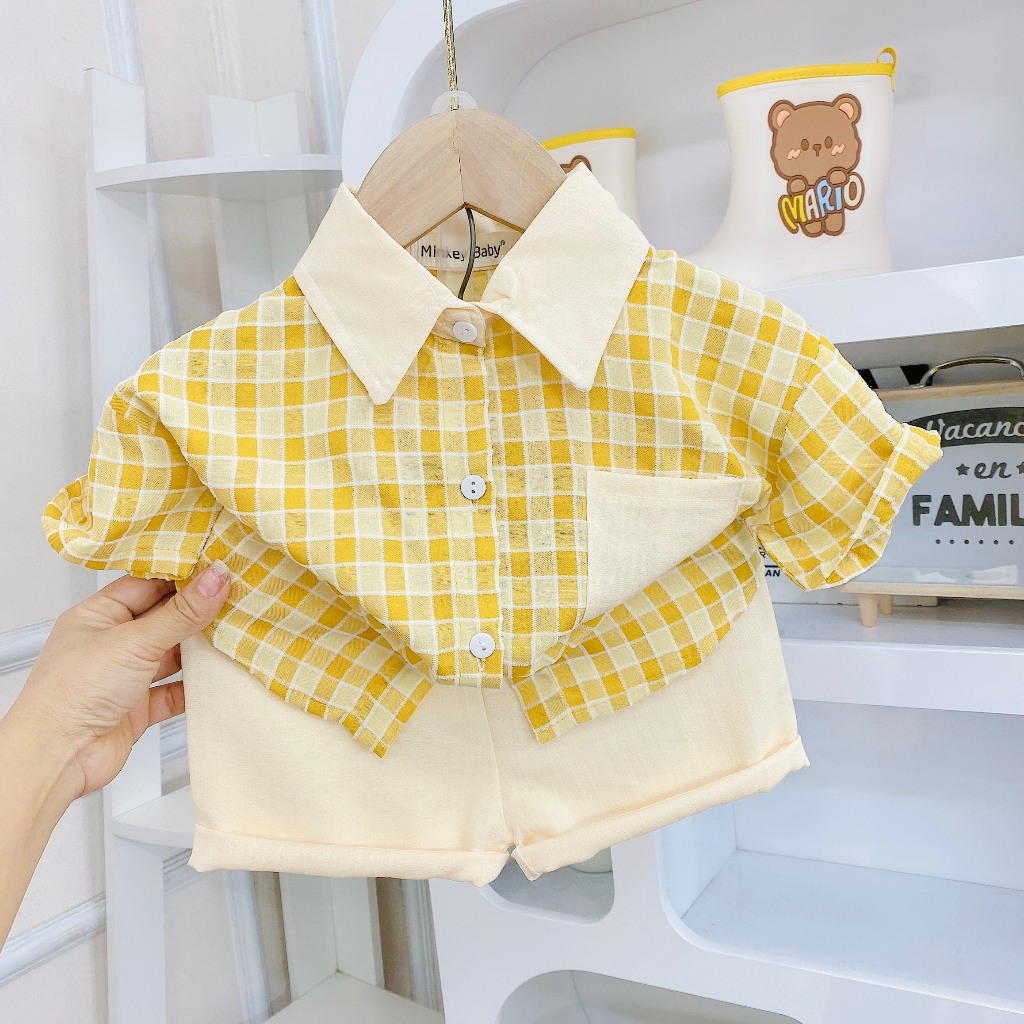 Bộ Hè Cho Bé  6-25kg💖Đồ bộ cộc tay Chất Đũi cao cấp không nhăn cho bé trai bé gái với họa tiết Caro dễ thương cho bé