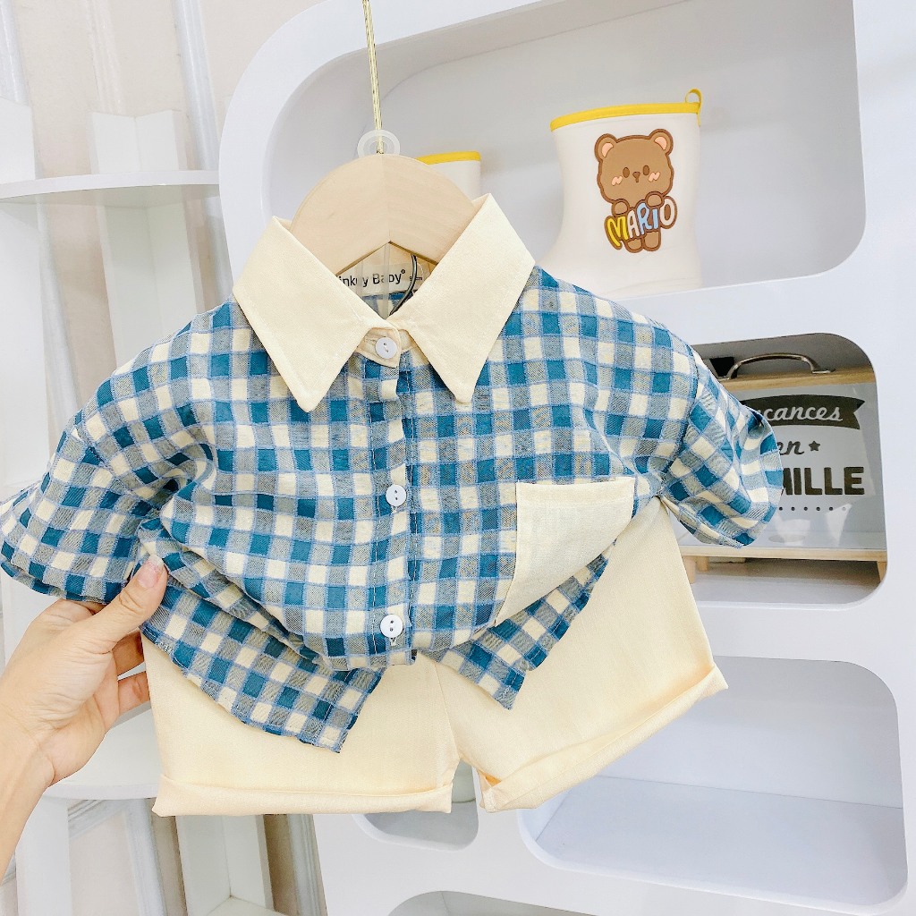 Bộ Hè Cho Bé  6-25kg💖Đồ bộ cộc tay Chất Đũi cao cấp không nhăn cho bé trai bé gái với họa tiết Caro dễ thương cho bé