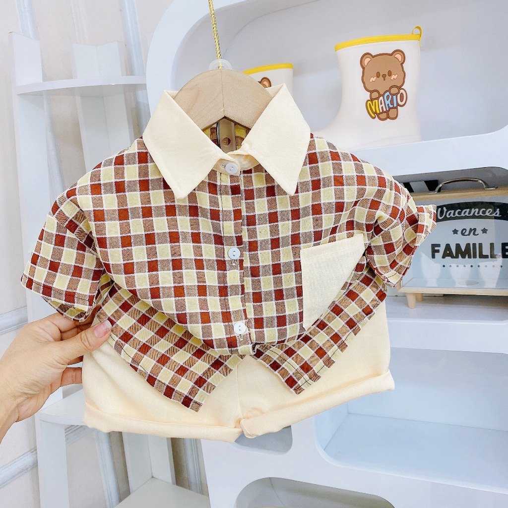 Bộ Hè Cho Bé  6-25kg💖Đồ bộ cộc tay Chất Đũi cao cấp không nhăn cho bé trai bé gái với họa tiết Caro dễ thương cho bé