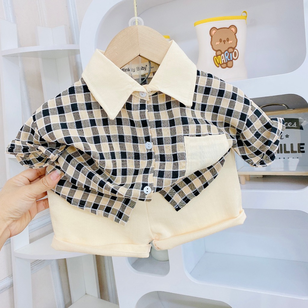 Bộ Hè Cho Bé  6-25kg💖Đồ bộ cộc tay Chất Đũi cao cấp không nhăn cho bé trai bé gái với họa tiết Caro dễ thương cho bé