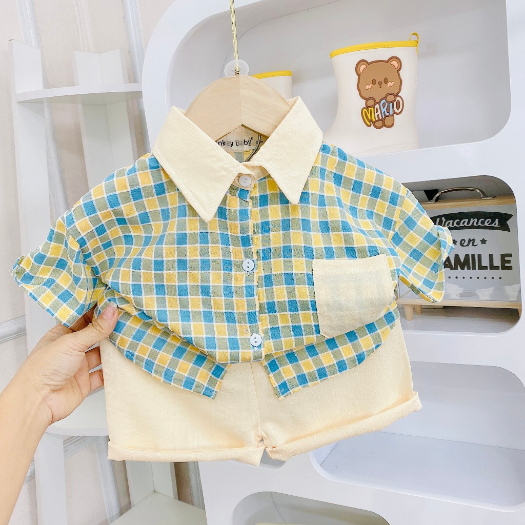 Bộ Hè Cho Bé  6-25kg💖Đồ bộ cộc tay Chất Đũi cao cấp không nhăn cho bé trai bé gái với họa tiết Caro dễ thương cho bé