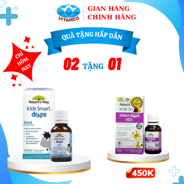 [ Tặng NATURE'S WAY KIDS SMART INFANT DROPS VD3 ] Combo 2 Hộp Nature's Way Kids Smart Drops DHA 20ml