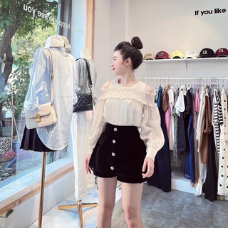 Quần short giả váy vải nhung mịn 4 khuy dọc lưng cao xinh xắn