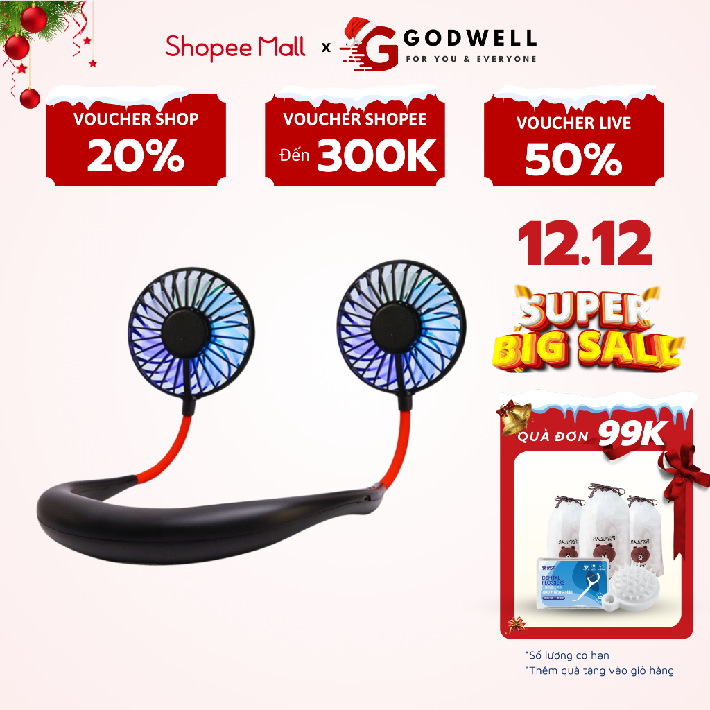 Quạt mini tích điện quàng cổ ( có cánh) GODWELL