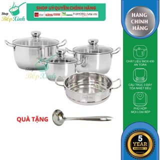 Bộ nồi xửng hấp 3 đáy từ cao cấp Fivestar 4 món nắp kính size 16cm , 20cm , 24cm và xửng 24cm , tặng 1 vá canh