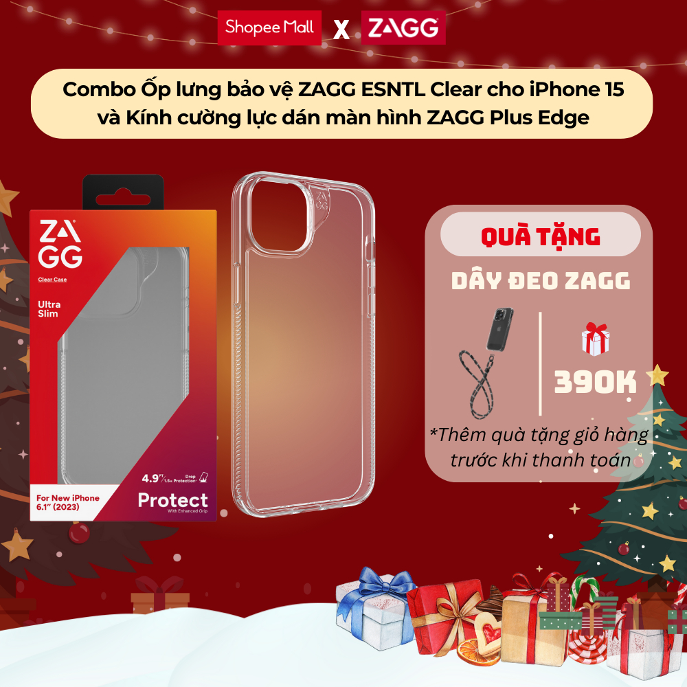 Combo Ốp lưng bảo vệ ZAGG ESNTL Clear cho iPhone 15 và Kính cường lực dán màn hình ZAGG Plus Edge
