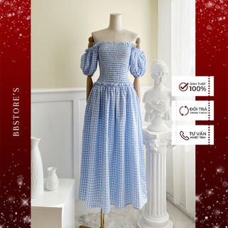 Bbstore's đầm maxi caro trễ vai đi biển nhún bèo -d2009s