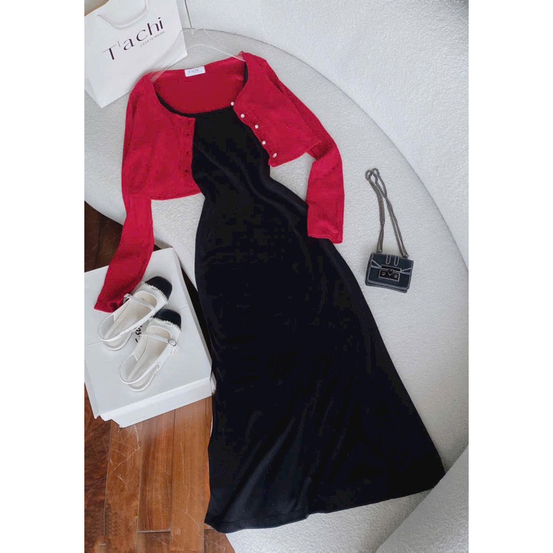 Set Đầm Body Dài Kèm Khoác Đỏ Ngắn