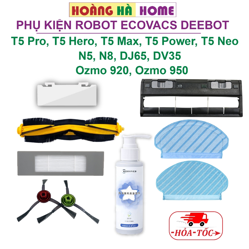 Phụ kiện robot hút bụi ecovacs deebot T5 N8, Khăn lau chổi giữa chổi cạnh màng lọc nước lau sàn nắp đậy chổi chính
