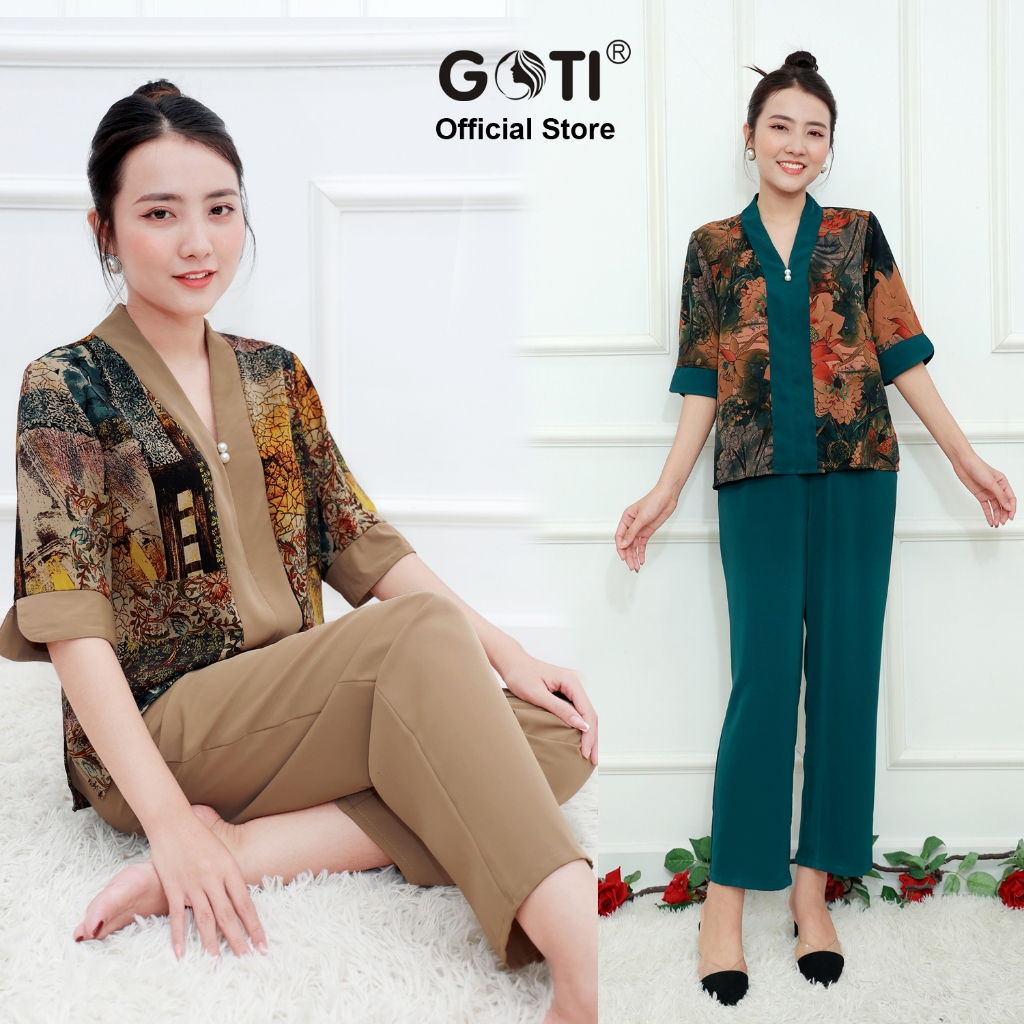 Đồ Bộ Trung Niên GOTI Mặc Nhà Nữ Sang Trọng Chất Gấm Cao Cấp Cổ Chui Tay Lững Có Túi Pijama Lụa Cho Mẹ 3359 3360