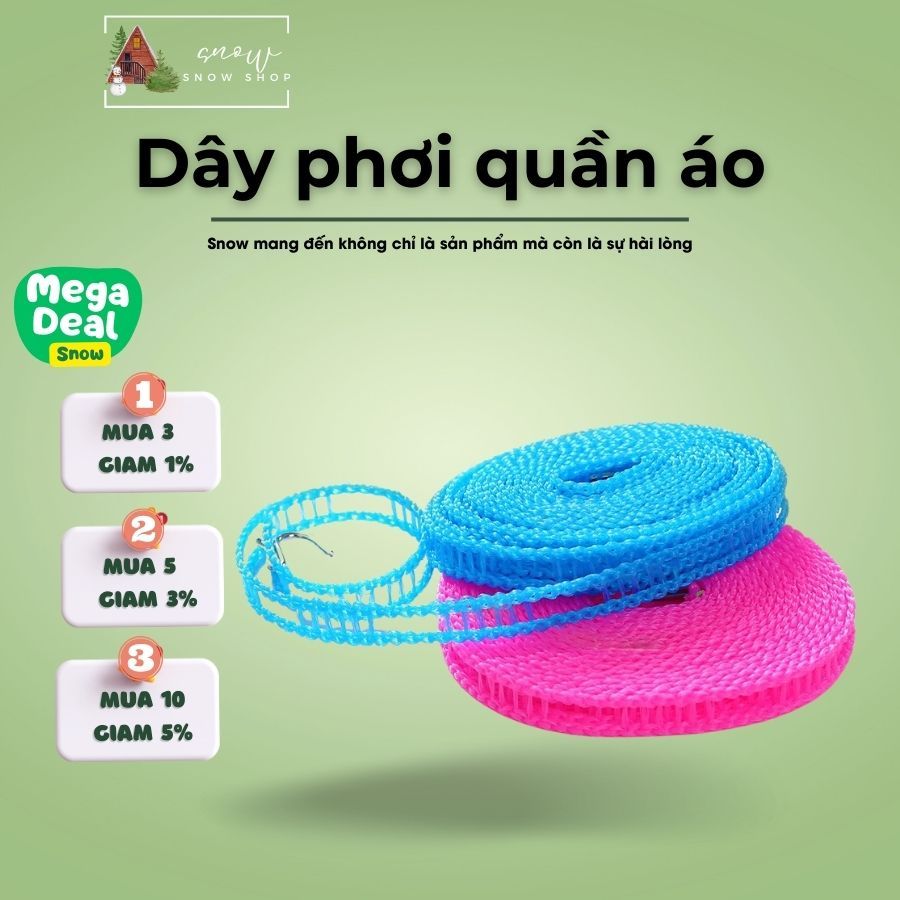 Dây phơi quần áo thông minh, dây phơi đồ đa năng chống dồn, sợi cước bện siêu chắc, có nhiều lỗ móc chống bay quần áo