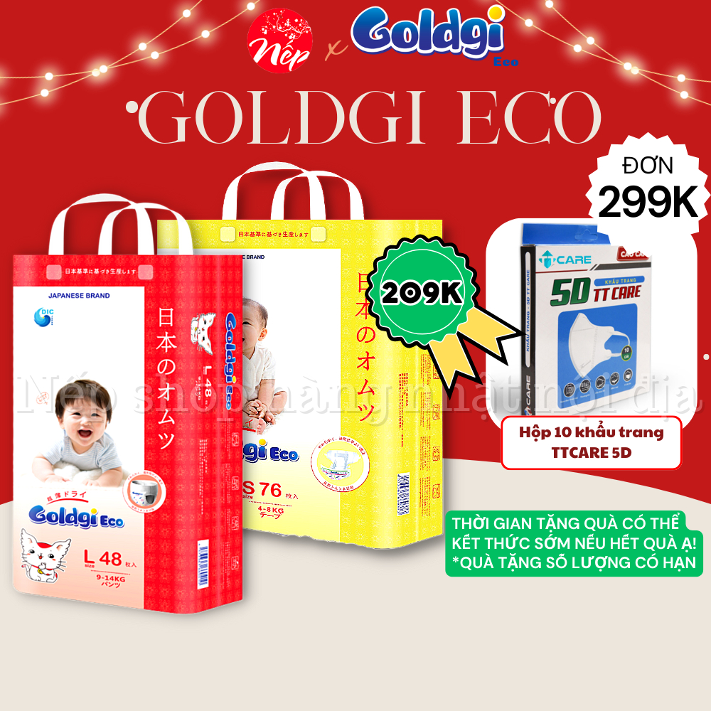 Tã bỉm Goldgi Eco mới 2023 Nhật Bản đủ size NB86/S76/M66/L56/M54/L48/XL44/XXL32
