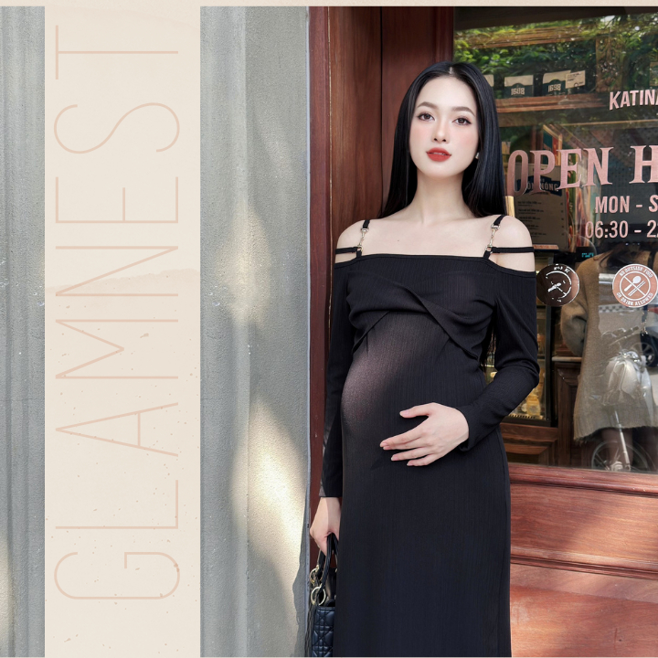 Đầm Bầu Thu Đông Dáng Dài Mặc Tết Chất Liệu Len Tăm Co Giãn 4 Chiều 2 Màu Đỏ Đen Basic Glam Nest VD038