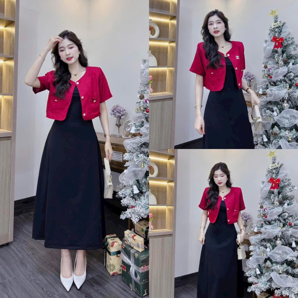 Sét đầm váy nữ 2 dây tăm lạnh sang chảnh xinh xắn mix áo lennin đóng nút trẻ trung dự tiệc đi chơi