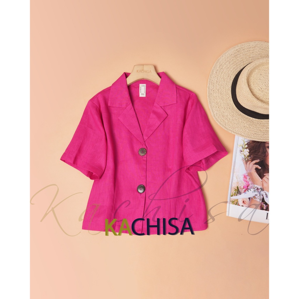 Áo cổ danton phối nút gỗ Kachisa Linen tưng premium wash mềm, sóng sánh