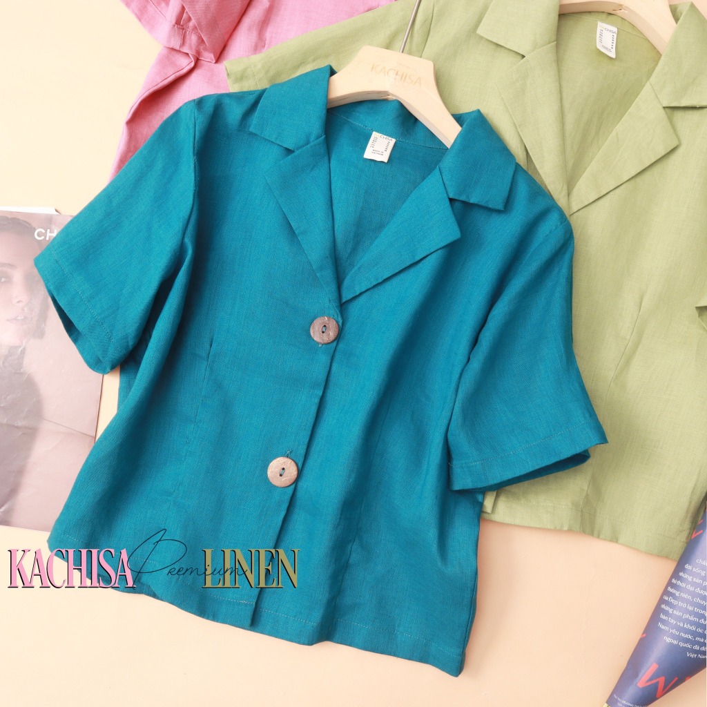 Áo cổ danton phối nút gỗ Kachisa Linen tưng premium wash mềm, sóng sánh