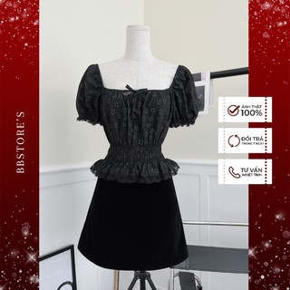 Bbstore's áo trễ vai xốp hoa nhún eo -bba1971