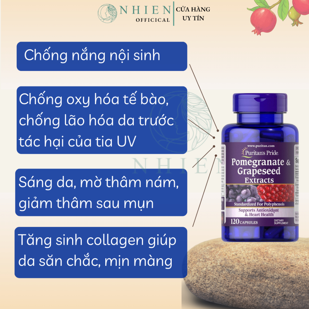 Viên uống chống nắng lựu nho 250mg 500mg Pomegranate Extract Puritan