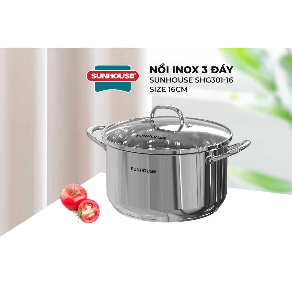 Nồi Inox 3 đáy Sunhouse SHG301 - 16/20/24/28cm - Dùng cho mọi loại bếp - Đáy 3 lớp - Hàng chính hãng