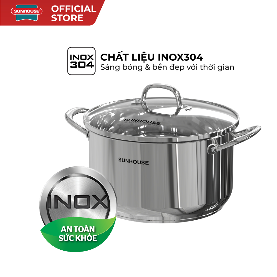 Nồi Inox 3 đáy Sunhouse SHG301 - 16/20/24/28cm - Dùng cho mọi loại bếp - Đáy 3 lớp - Hàng chính hãng