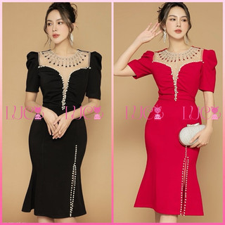 Đầm thiết kế Thun tay lỡ kết cườm trung niên đi tiệc sang trọng