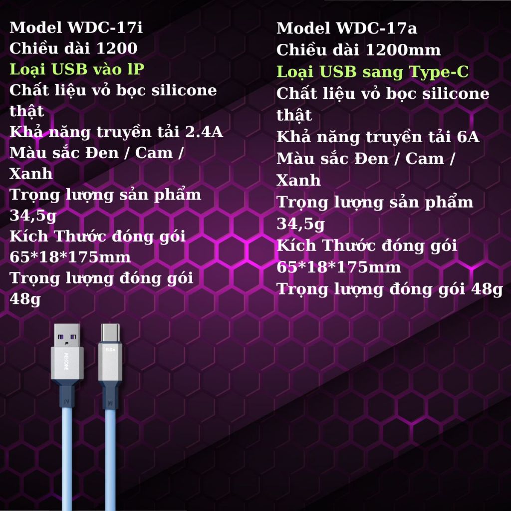 Dây cáp sạc nhanh WEKOME WDC-17 sạc cho các dòng Androi và lP