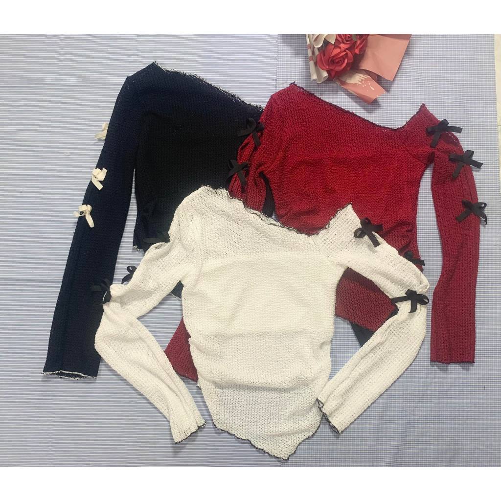 Set Áo Thun Lệch Vai Vạt Nhọn Tay Dài Xẻ Tay Nơ + Chân Váy 2 Tầng Lưng Chun