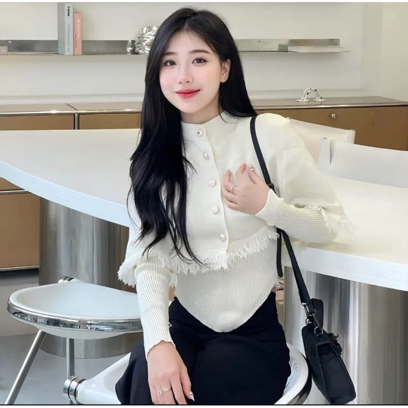 𝐂𝐇𝐄𝐑𝐑𝐘: Set Áo Len Choàng Vai Tiểu Thư