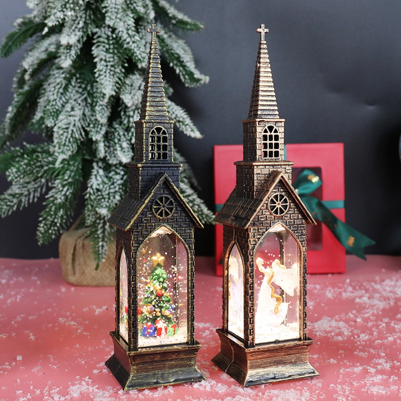 Bán buôn đèn quà giáng sinh kiểu mới nhà thờ phun nước đèn gió cảnh nội thất đèn LED điện tử phát sáng trang trí sáng tạ