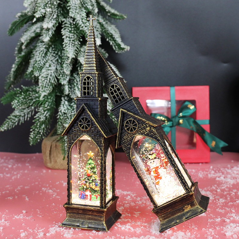Bán buôn đèn quà giáng sinh kiểu mới nhà thờ phun nước đèn gió cảnh nội thất đèn LED điện tử phát sáng trang trí sáng tạ
