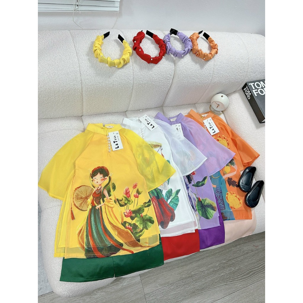 Set bộ áo dài cách tân hình ép 3D áo tứ thân nón quai thao cho bé gái 8-30kg