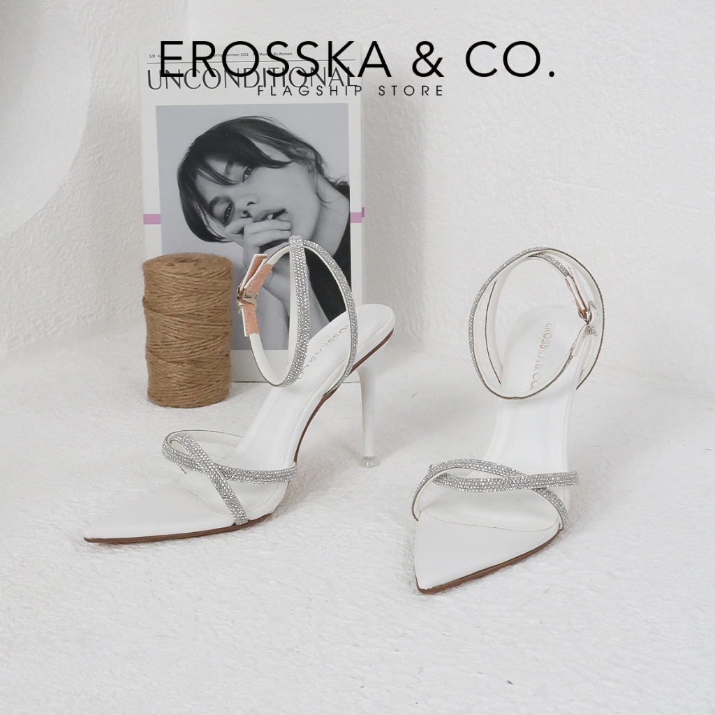 Erosska - Giày sandal cao gót mũi nhọn đính đá thời trang màu bạc - EN007