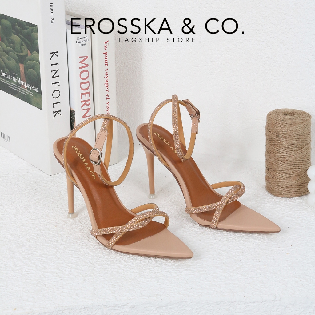 Erosska - Giày sandal cao gót mũi nhọn đính đá thời trang màu bạc - EN007