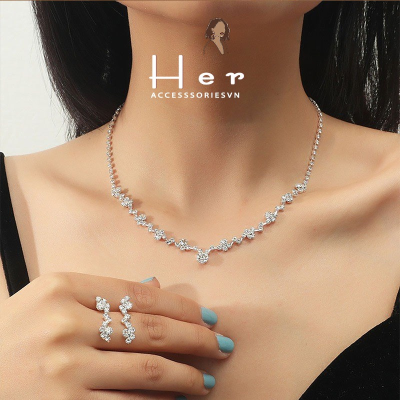 Bộ trang sức dây chuyền đính đá Her Acessories, bông tai sang chảnh đi tiệc, Bộ phụ kiện lấp lánh cho nữ