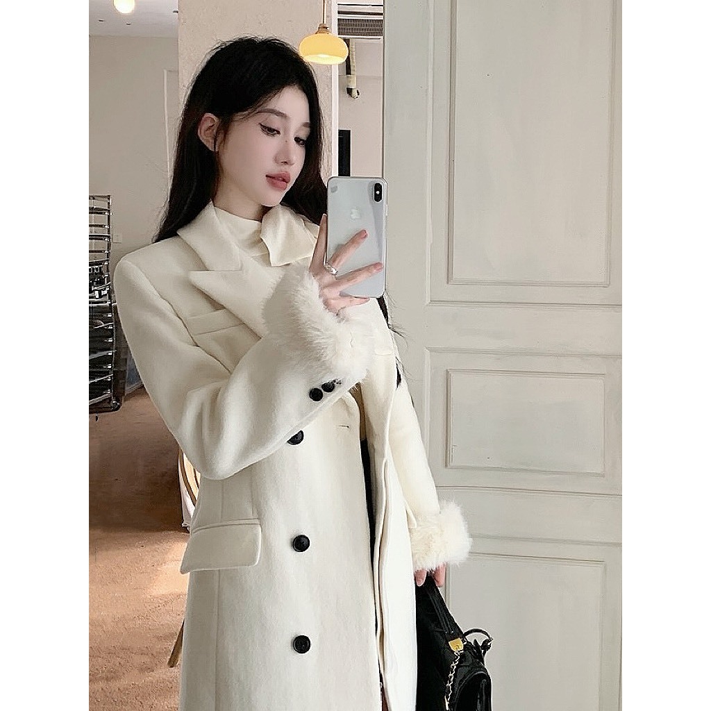 Áo khoác dạ dáng dài phối tay lông YIMI 2 màu trắng, nâu thời trang
