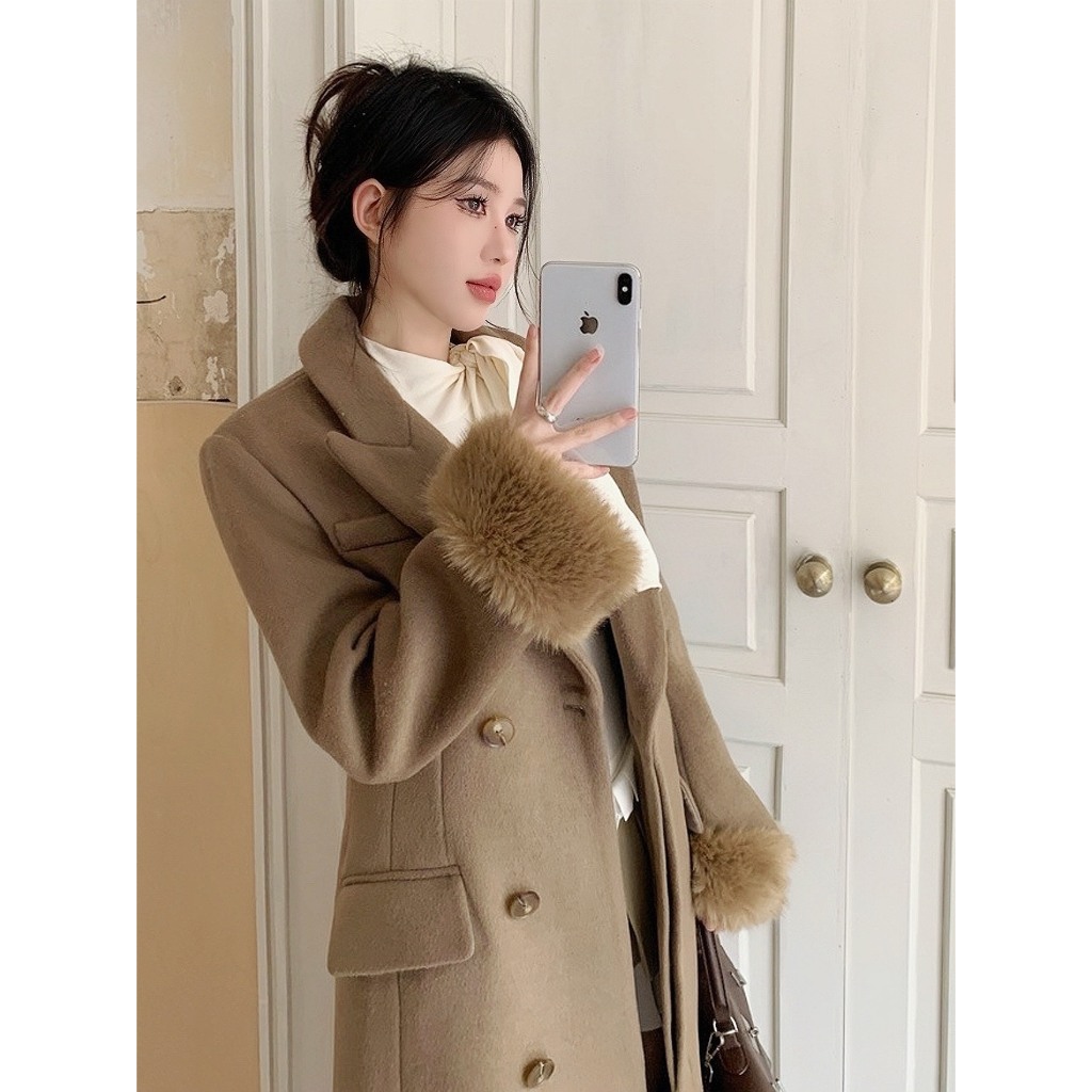 Áo khoác dạ dáng dài phối tay lông YIMI 2 màu trắng, nâu thời trang