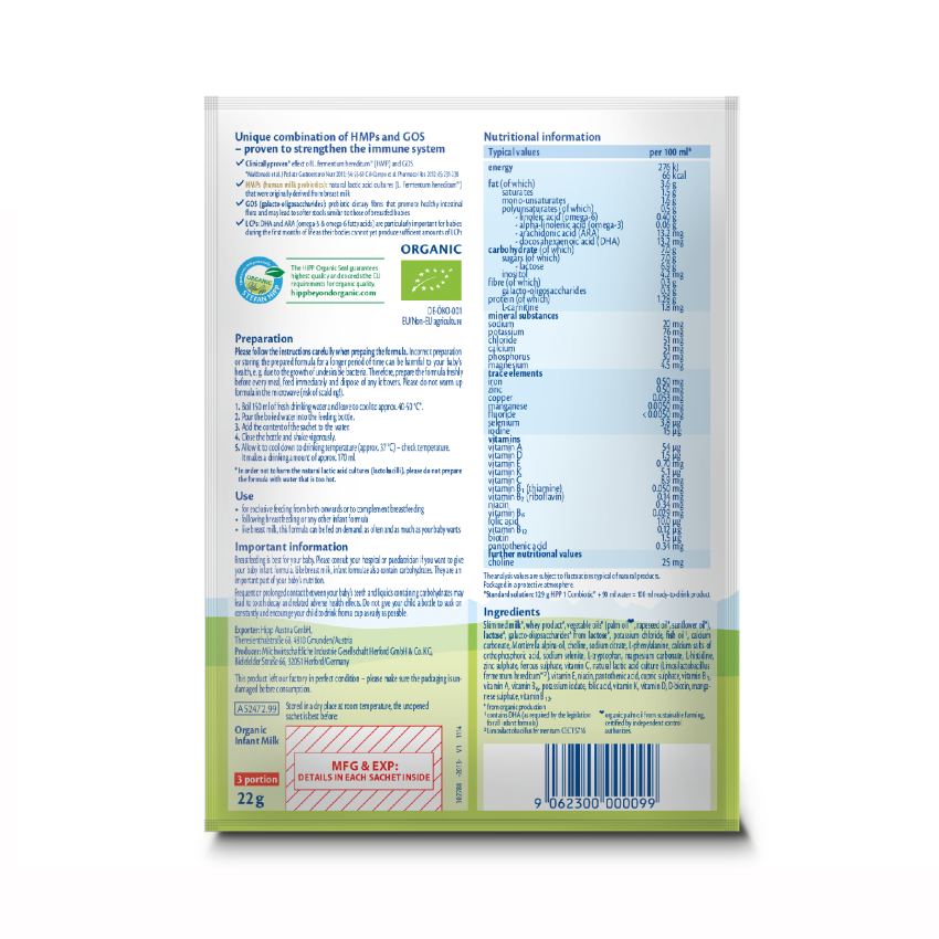 Combo 3 gói Sữa bột công thức HiPP 1 Organic Combiotic (3 gói x 22gram) (Dành cho bé từ 0-6 tháng)