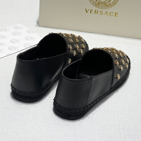 Giày đế cói phối quai da Versace đen đính logo vàng sang trọng cao cấp Full Box