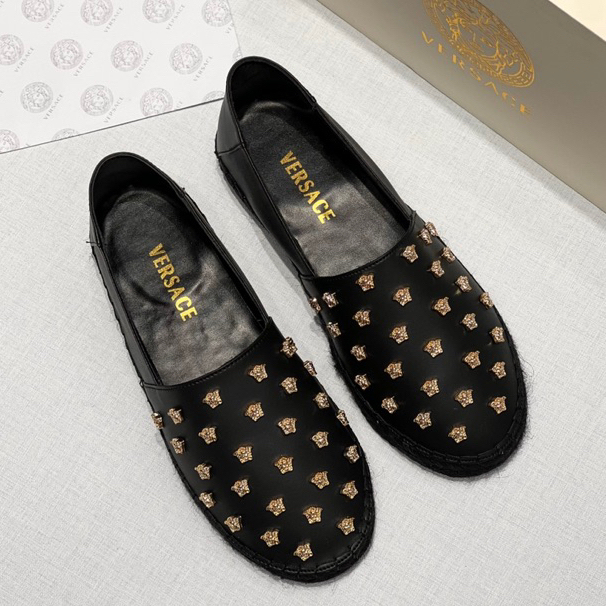 Giày đế cói phối quai da Versace đen đính logo vàng sang trọng cao cấp Full Box