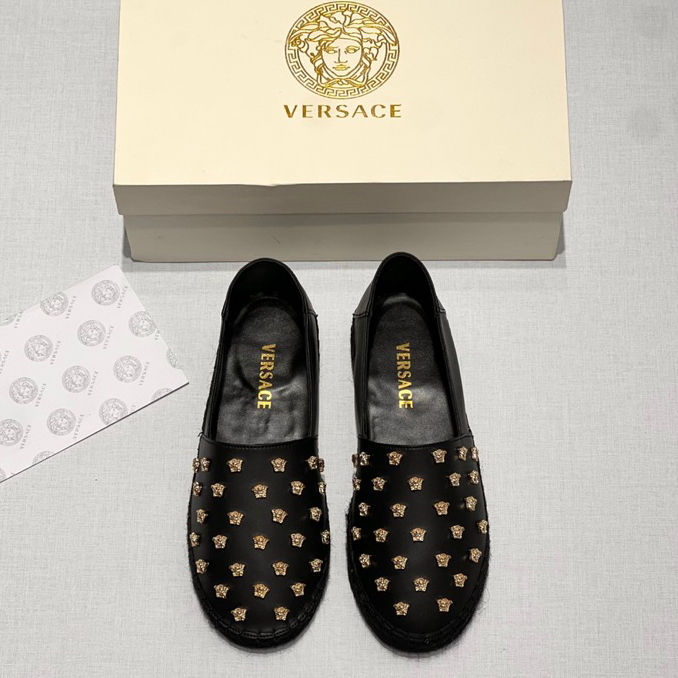 Giày đế cói phối quai da Versace đen đính logo vàng sang trọng cao cấp Full Box