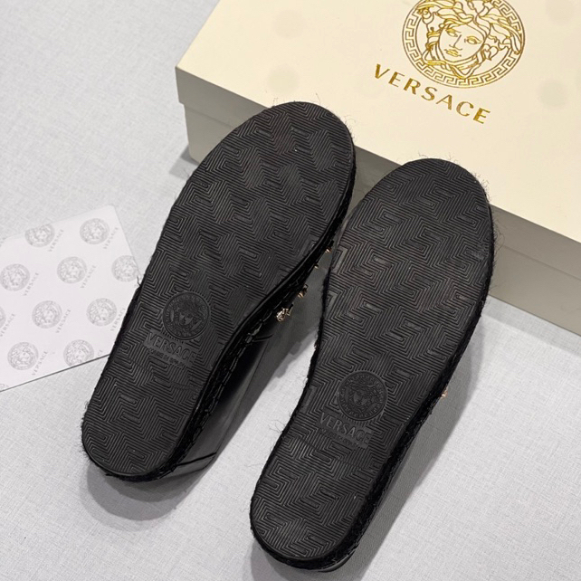 Giày đế cói phối quai da Versace đen đính logo vàng sang trọng cao cấp Full Box