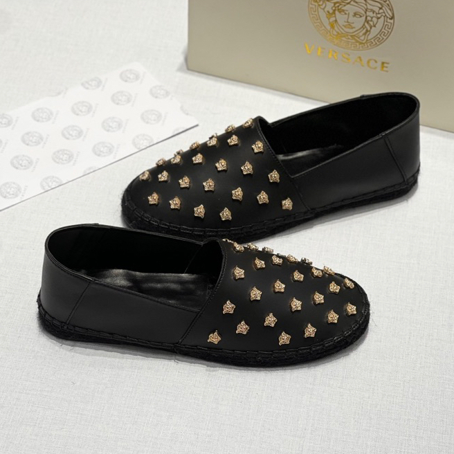 Giày đế cói phối quai da Versace đen đính logo vàng sang trọng cao cấp Full Box