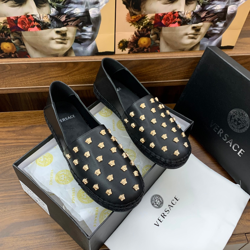 Giày đế cói phối quai da Versace đen đính logo vàng sang trọng cao cấp Full Box