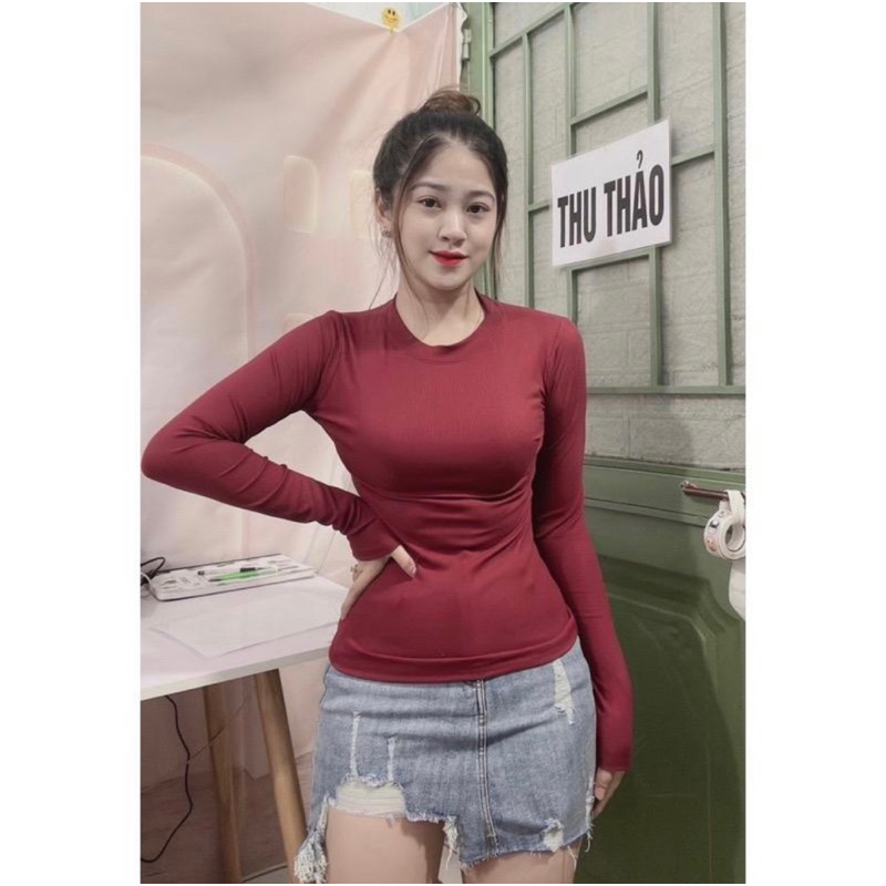 Áo thun body tay dài cổ tròn dáng dài chất gân tăm
