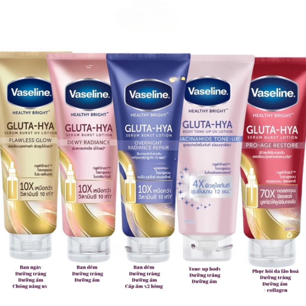 Sữa dưỡng thể trắng da Vaseline Healthy Bright Gluta HYA Serum 10X ban ngày và ban đêm