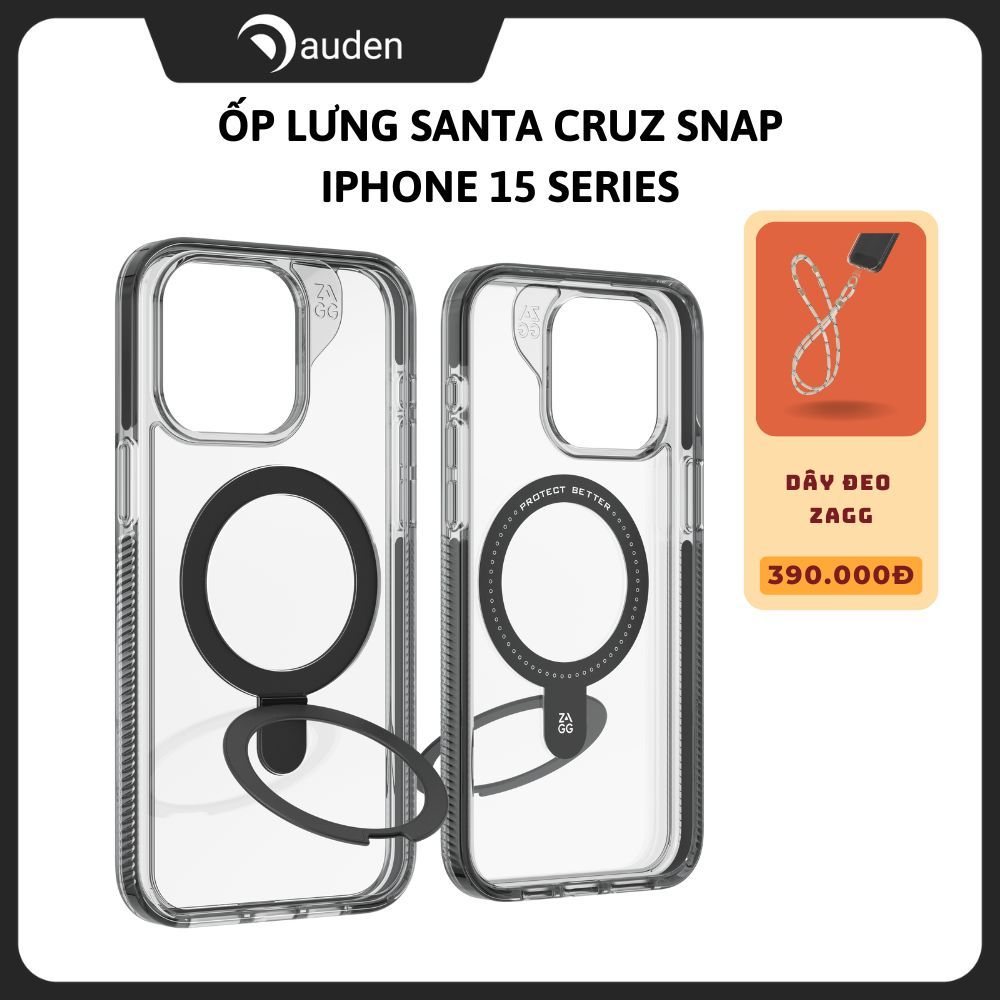 Ốp lưng bảo vệ ZAGG Santa Cruz Snap Ring Kickstand cho iP 15/ 15 Plus/ 15 Pro/ 15 Pro Max