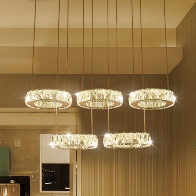 Đèn thả MONSKY UNA pha lê 5 vòng ngang hiện đại sang trọng 3 chế độ ánh sáng