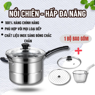 Nồi Chiên Ngập Dầu Kết Hợp Hấp Đa năng, Có Xửng Hấp Và Khay Chiên, Nồi Hấp Lòng Inox 3 Lớp Chống Ăn Mòn, Chắc Chắn