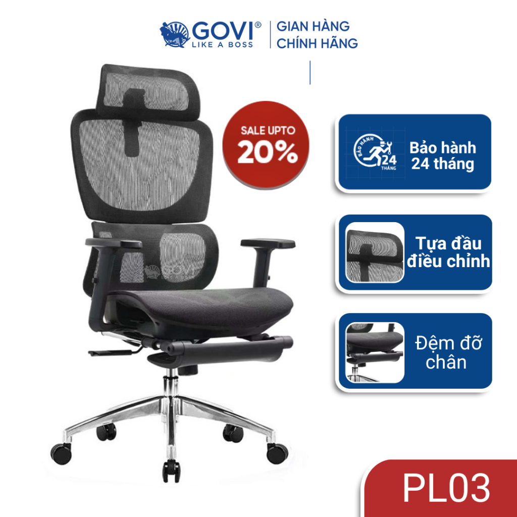 Ghế công thái học Ergonomic GOVI PLATO PL03 - Tựa đầu điều chỉnh, Lưng ghế điều chỉnh độ cao thấp, Gác chân linh hoạt