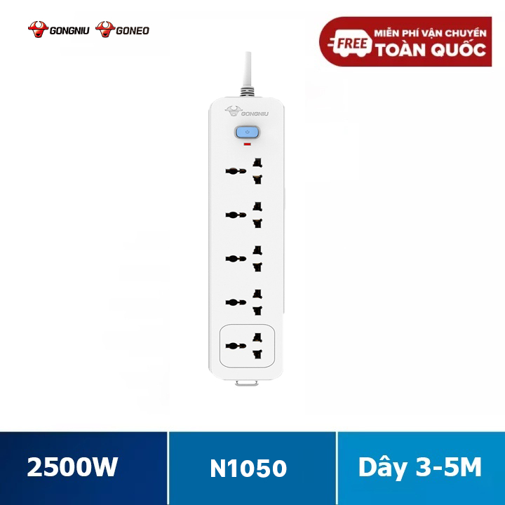 Ổ Cắm Điện GONGNIU 5 Ổ Đa Năng 1 Công Tắc – Công Suất 10A/250/2500W – Trắng – Chính Hãng (N1050)